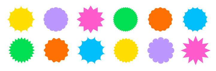Star round sticker tag icon shape set. Circle starburst label shape for promo, sale, price offer badge sticker. Round tag shape vector icon. Sale, promo label graphic design. Vector illustration.