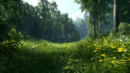 Sunlit Meadow Path Through Lush Green Forest