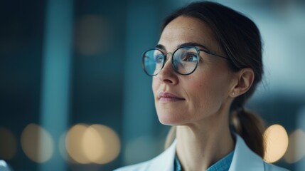 Professional woman in glasses, deep in thought, wearing a lab coat in a modern environment.