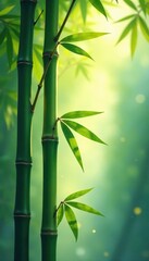 Sunlight filters through translucent watercolor bamboo, creating soft shadows , texture, tranquil, peaceful