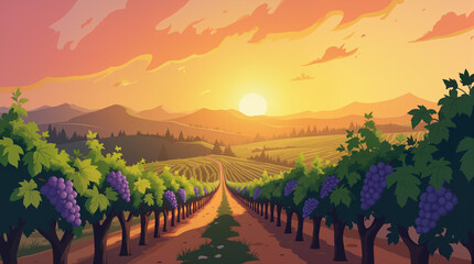 Fototapeta premium Vibrant grapevines at sunset in peaceful vineyard, harvest celebration