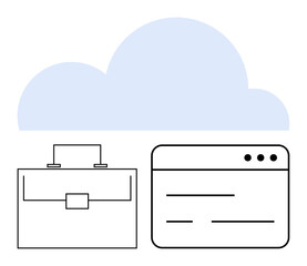 Cloud icon with briefcase and browser window showcasing digital business tools and communication platforms. Ideal for technology, cloud storage, online work, data management, remote collaboration