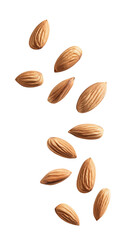 flying almonds isolated on transparent white background, clipping path