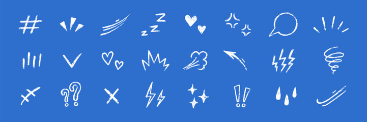 Fototapeta premium Line movement comic element, cartoon emotion mark effect decoration icon. Hand drawn cute doodle line element arrow, emphasis, shock, sparkle. Anime movement, express shape. Vector illustration