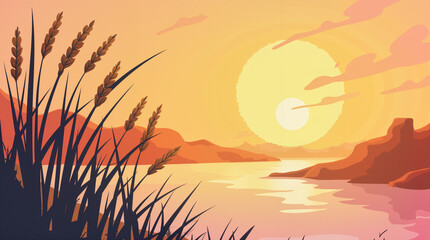 Slender reeds swaying at sunset by riverside, peaceful reflection