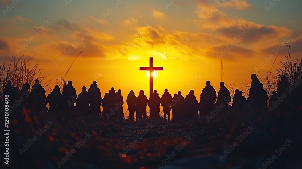 Poster silhouette of a cross in the middle of a group of people in the dusk