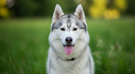 Happy Husky Portrait with Green Background in Outdoor Setting