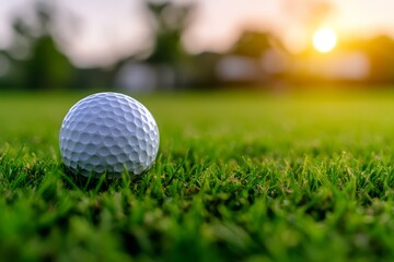 Obraz premium Close-Up View of Golf Ball on Green Grass with Soft Sunset Background in Beautiful Landscape