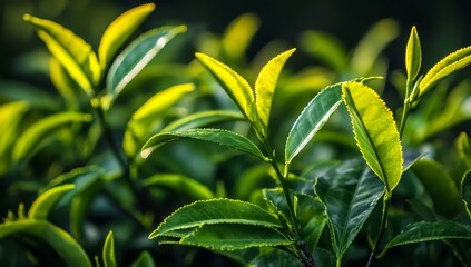 Lush tea leaves in sunlight, tea plantation