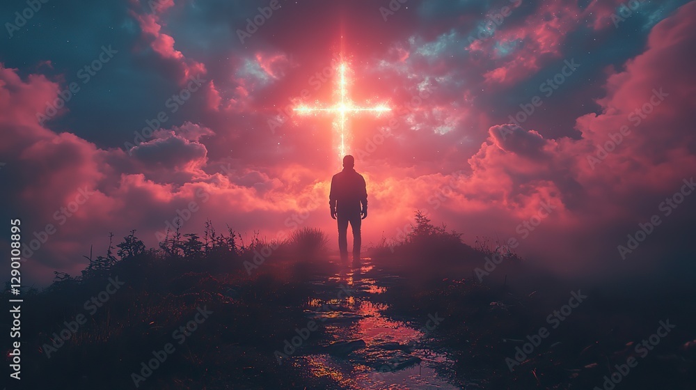 Poster silhouette of a man fluctuating in the clouds christian cross in the sky