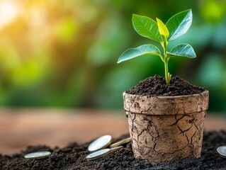 Green Plant Growing From Soil In Pot With Coins Around For Concept Of Investment And Growth