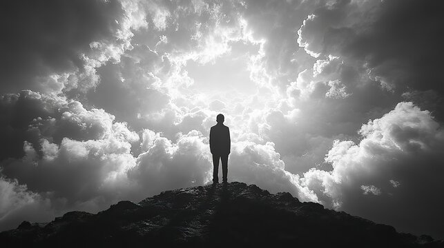 silhouette of a man fluctuating in the clouds black and white photo