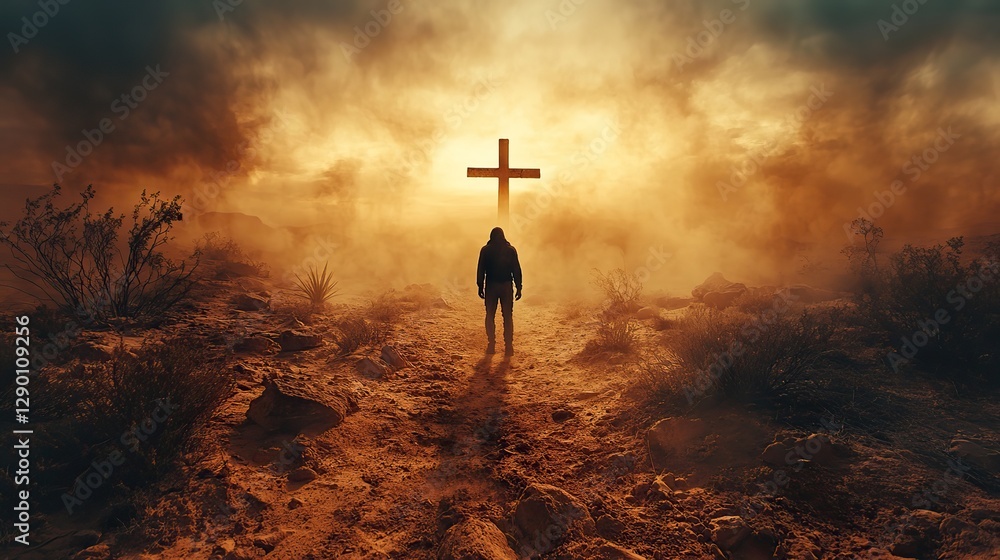 Poster silhouette of a man in the desert in front of a cross arid landscape in the dust under the sun
