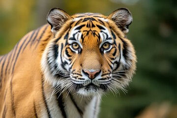 Fototapeta premium Majestic Tiger Staring Intently in Natural Habitat with Vibrant Colors and Detailed Fur