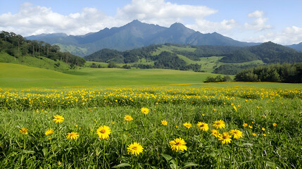 Vibrant Yellow Wildflowers Blooming in a Lush Green Field with Majestic Mountains in Background