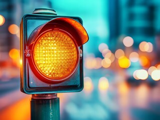 Urban Traffic Signal with Flashing Yellow Light Against Colorful City Background at Dusk