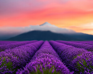 Obraz premium A vibrant lavender field stretches toward a misty mountain under a colorful sunset sky.