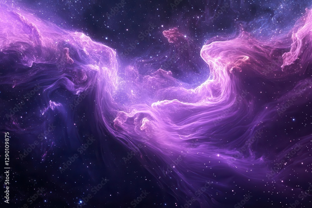 Wall mural ethereal nebula swirls in deep purple and silver, creating cosmic dance patterns against starlit voi