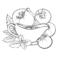 Black and white vector drawing of a sauce boat with tomato sauce, fresh tomatoes, and basil. Perfect for packaging, restaurant design, culinary projects, and logos.