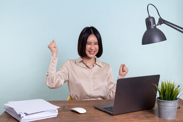 Asian businesswoman celebrate with laptop, success happy pose. E-commerce, internet technology, startup small business concept. Modern office . Happy excited successful woman triumphing in office