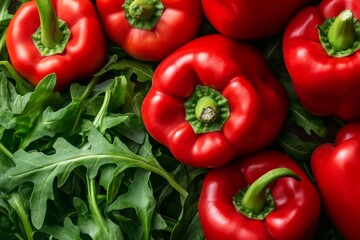 Fresh Red Peppers and Green Leafy Vegetables on a Wooden Surface for Culinary Inspiration