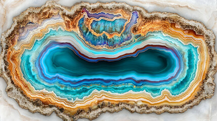 Stunning turquoise and gold agate gemstone cross-section. Vibrant color bands, detailed texture. Ideal for backgrounds, design, decor.