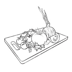 Black and white vector illustration of fresh vegetables on a cutting board. Includes tomatoes, garlic, onion, and herbs. Detailed contour drawing for culinary designs, cookbooks, and food packaging.