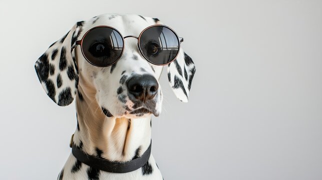 Dalmatians dog wearing round sunglasses, set against a vibrant, white backdrop; showcasing intricate details of its plumage and a focused, almost inquisitive expression.