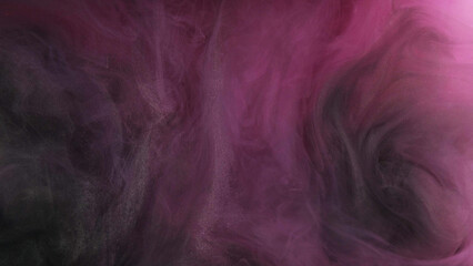 Paint luxury. Glow liquid. Pink black color texture ink smoke fume mist fog vapor water clouds moving on dark abstract art background.