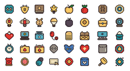 Collection of Pixel Art Icons Illustration with Varied Objects and Shapes