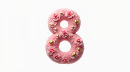 Fototapeta premium A pink number 8 with gold flowers and hearts
