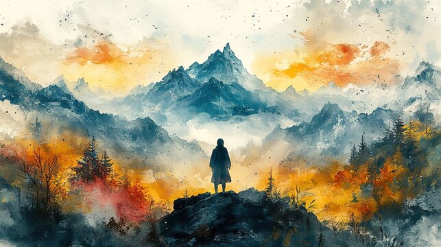 silhouette of a person in worship over mountain landscape christian illustration digital watercolor painting