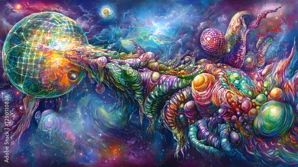 Poster painting of a man surrounded by an assortment of colorful and vibrant objects in an artistic composi