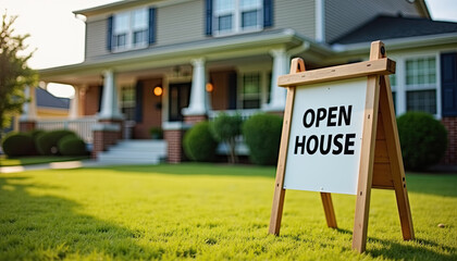 Open House yard sign on green lawn in front of suburban home for real estate blogs, websites, and marketing materials.