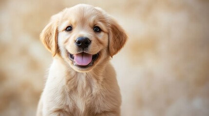 Happy golden retriever puppy smiling in soft background