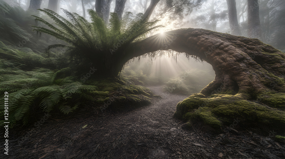 Poster mystical sunbeams illuminate a moss-covered arching tree root in a misty forest, creating a magical,