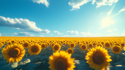 Fototapeta premium Vibrant sunflower field stretching to the horizon, golden petals glowing under a bright blue summer sky