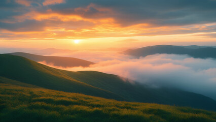 Obraz premium Misty mountain landscape at sunrise, with rolling green hills covered in clouds and a golden light piercing through