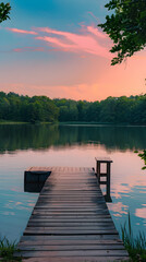 Obraz premium A tranquil lakeside at dusk with a wooden pier and an empty bench, reflecting soft hues of the setting sun, inviting solitude and relaxation in a serene, natural setting