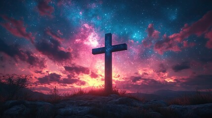 Fototapeta premium silhouette of the cross against composite image of starry sky worship