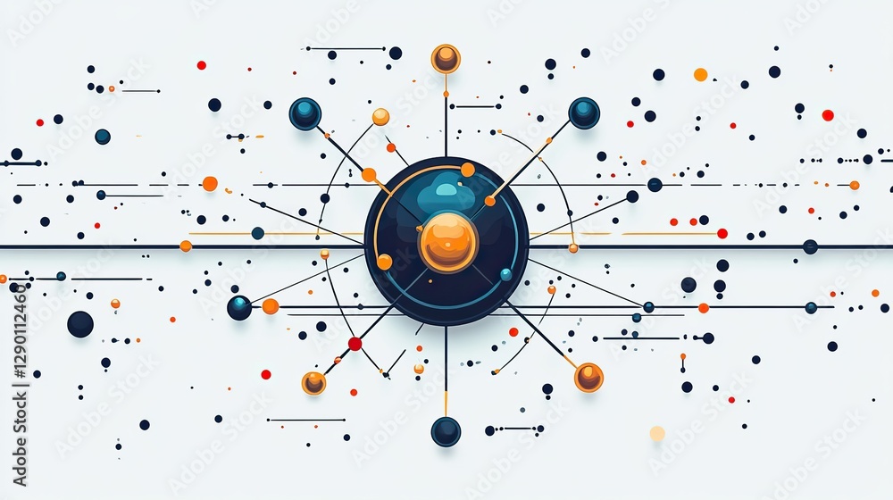Poster simplified atom illustration with electron orbits set on a white background