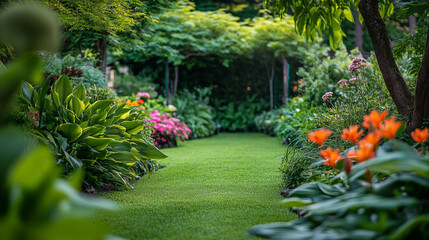 Obraz premium Serene lush garden path with vibrant flowers and green plants view park grass trees color nature