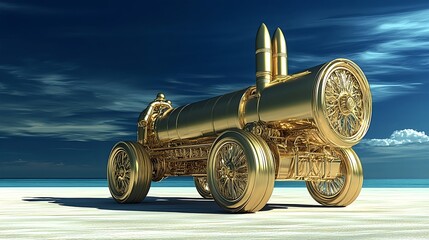 Golden Steampunk Ship with Complex Mechanical Structure in Sand