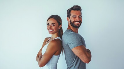 Obraz premium Smiling couple posing back-to-back in bright studio