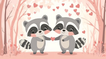Obraz premium Romantic Raccoons In A Forest Of Love. Perfect For Valentine'S Day, Anniversaries, Or Simply Expressing Affection.
