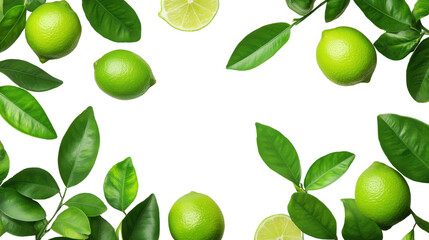 green limes with leaves on white background