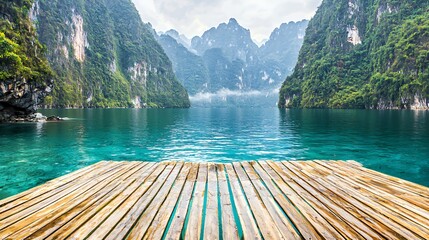 Serene Lake View with Wooden Dock and Misty Mountains