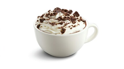 Hot Chocolate Beverage with Whipped Cream in White Cup Isolated