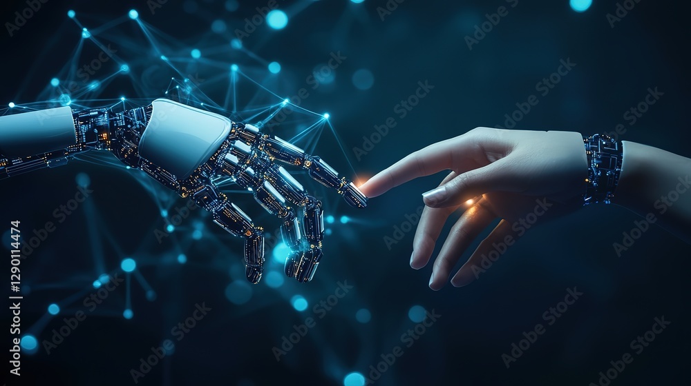 Aufkleber a human hand and an ai robot's hands touching, with digital data flowing between them on a dark blue