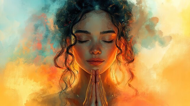 spiritual awakening woman in prayer digital watercolor illustration